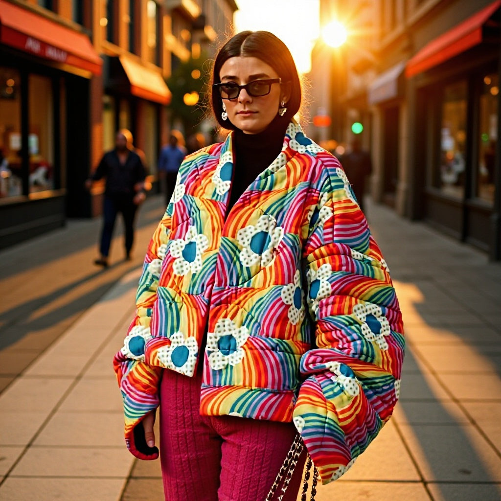 Damer Cozy quiltet jakke med farverigt design og voluminøse ærmer Stilla