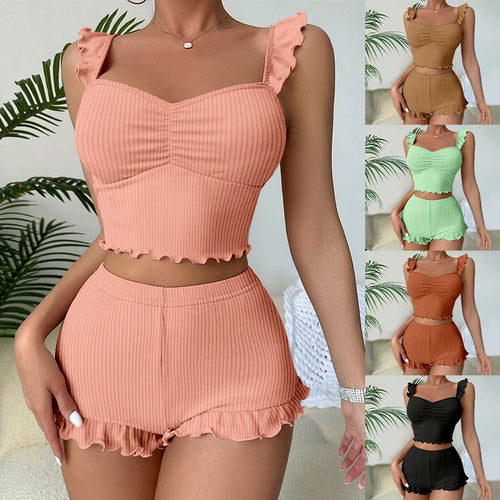 Dame Crop-Top og Shorts Sæt med Rynkedetaljer og fint Ribmønster Stilla