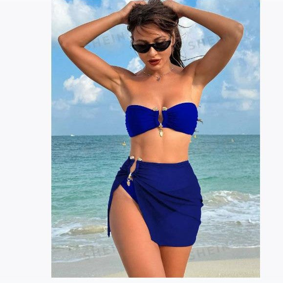 Dame Rynket Bandeau Bikini Sæt med stilfuld Nederdelsdæksel Stilla