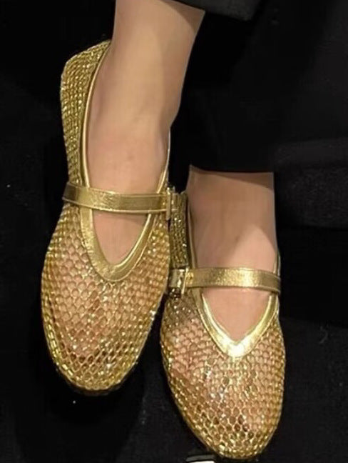 Femme Elegante Mesh Ballerina Flats med dekorativ rem Stilla