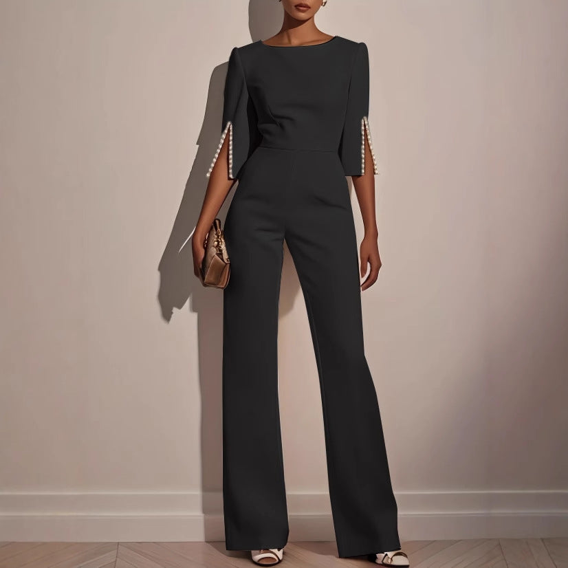 Damer Elegant Jumpsuit med dekorative perleærmer og bred bukse Stilla