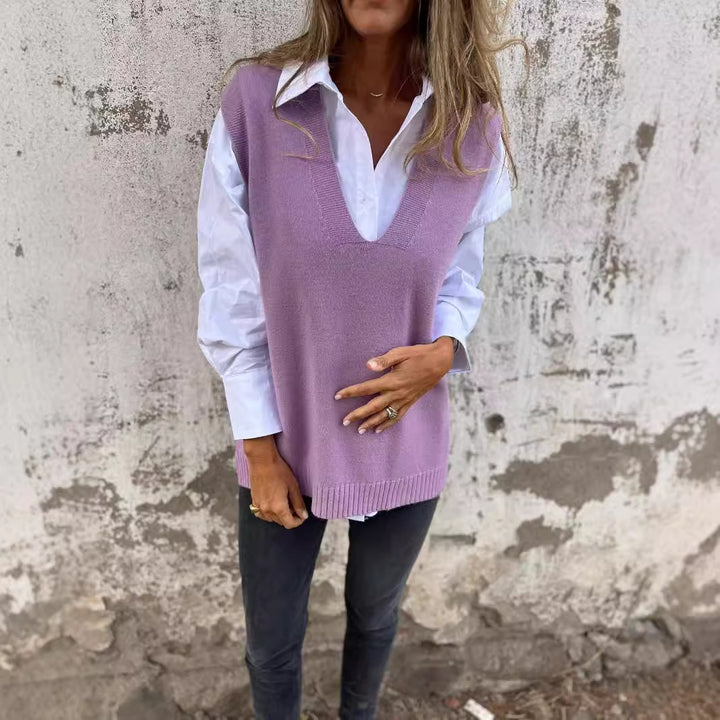 Dames elegant strikvest med V-hals og fine rib detaljer Stilla