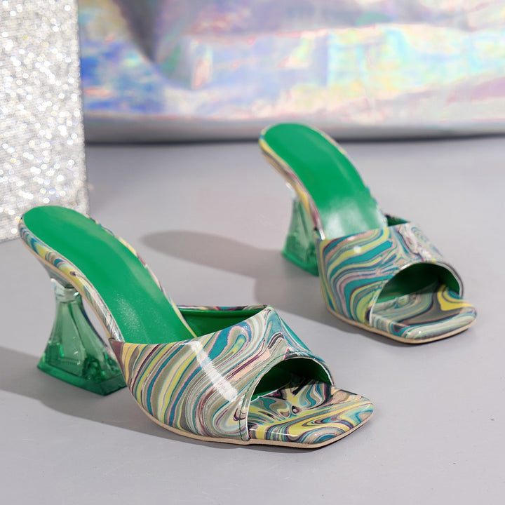 Dame Open-Toe Pantoletten med kunstnerisk, marmorert design og transparent blokhæl Stilla