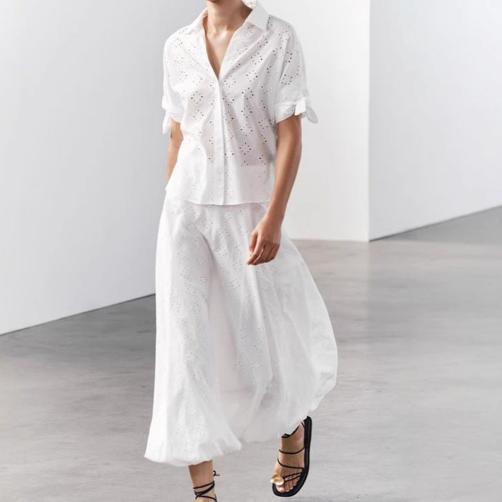 Femme Eyelet Detalje Knap-Op Bluse Stilla