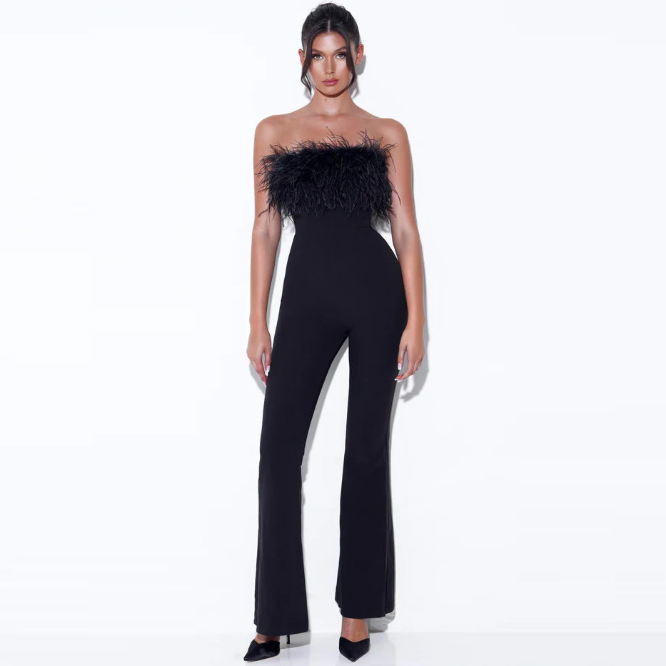 Dame Culotte-Overall med glamourøs fjerbesætning Stilla