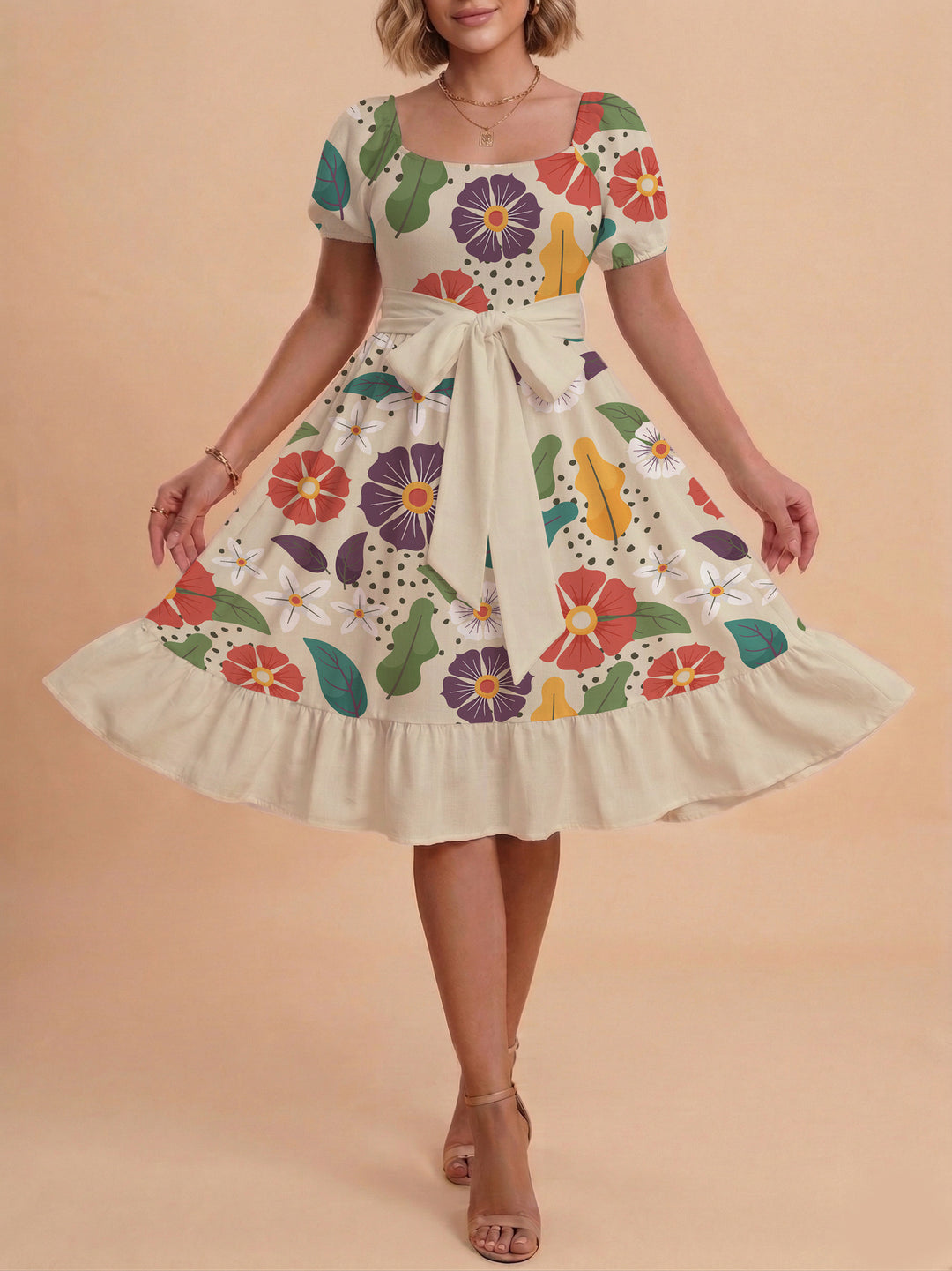 Dame Midi Kjole med elegant blomsterprint og figursyet bælte Skovae