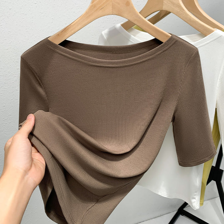Dame Kortærmet Rib-T-shirt med elegant Rund halsudskæring og figursyet pasform Stilla