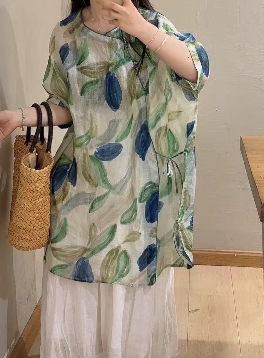 Dame Floral Broderet Linned Tunika Stilla