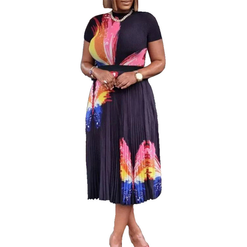 Dame Midi-kjole med elegant sommerfugl-tryk og plisseret skirt Stilla