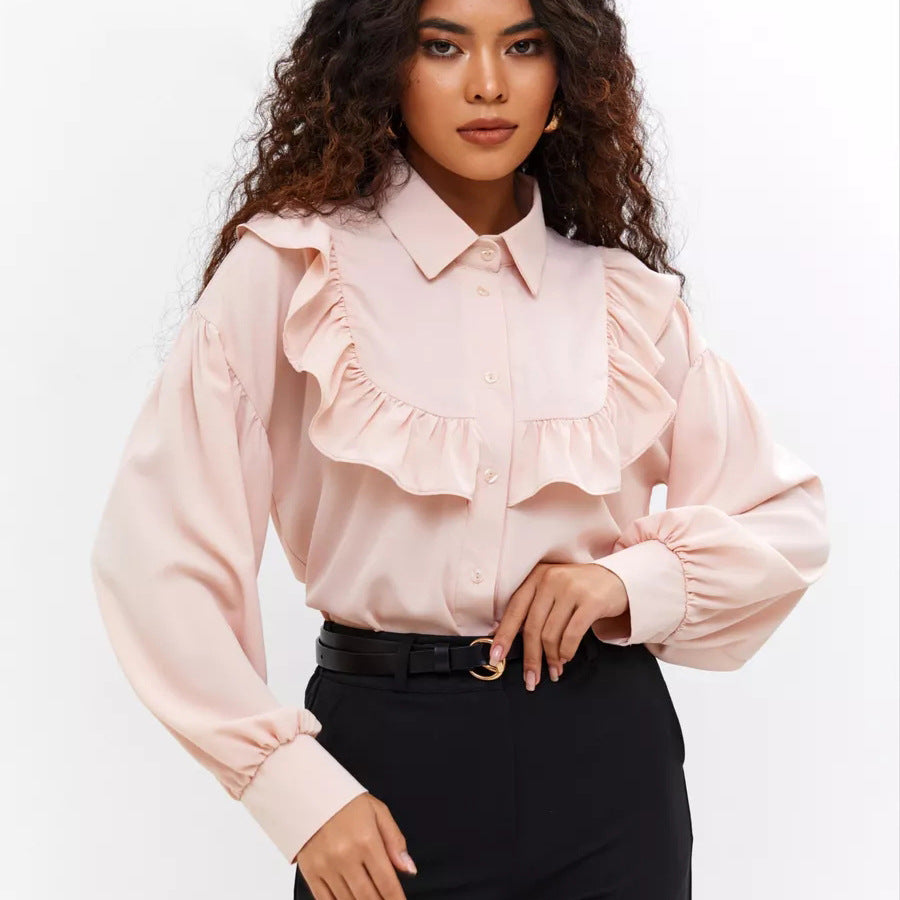 Dame elegant bluse skjorte med flæser og blød bomuldsstof Stilla