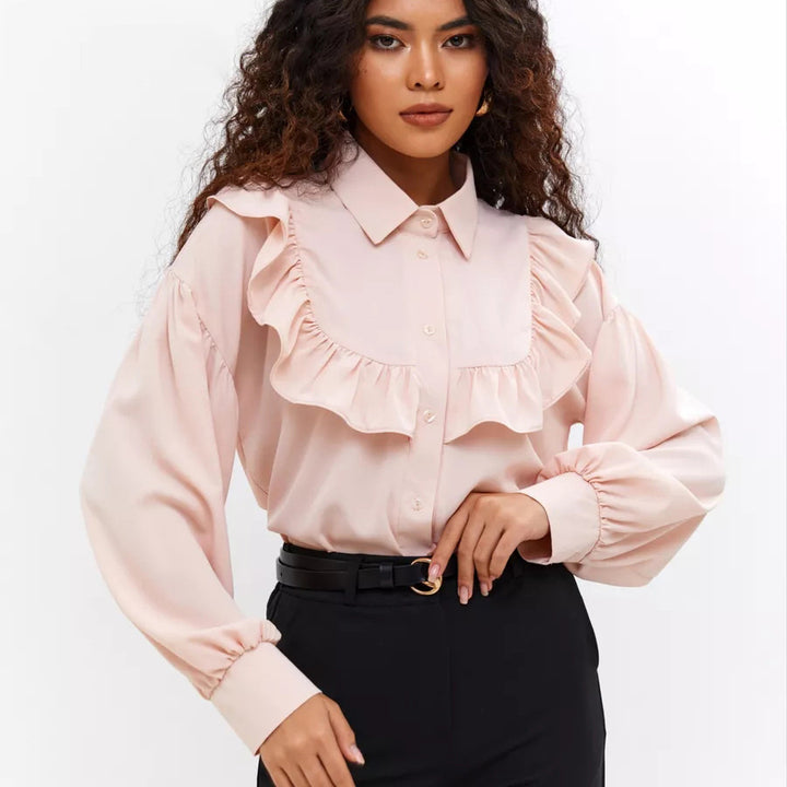 Dame elegant bluse skjorte med flæser og blød bomuldsstof Stilla