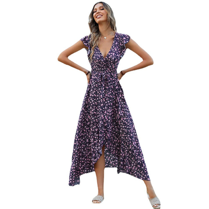 Dame Floral Print Asymmetrisk Maxikjole med Bindebælte Stilla