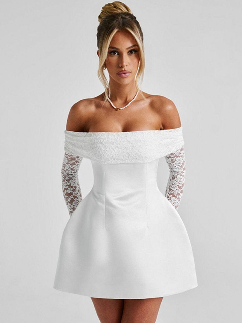 Dame Elegant Off-Shoulder Minikjole med Spidsærmer og taljeret Snit Skovae