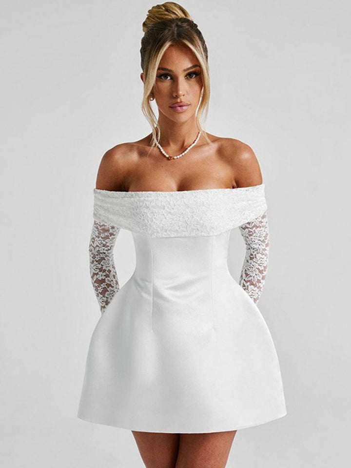 Dame Elegant Off-Shoulder Minikjole med Spidsærmer og taljeret Snit Skovae