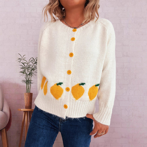 Kvinders hyggelige cardigan med citrussymbol og farverige knapper Stilla
