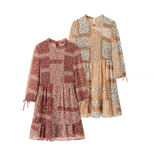 Dame maxikjole i patchwork-design med elegante flæser Stilla