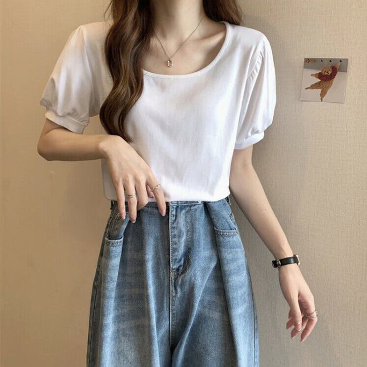 Femme Puff Ærme Casual T-Shirt Stilla