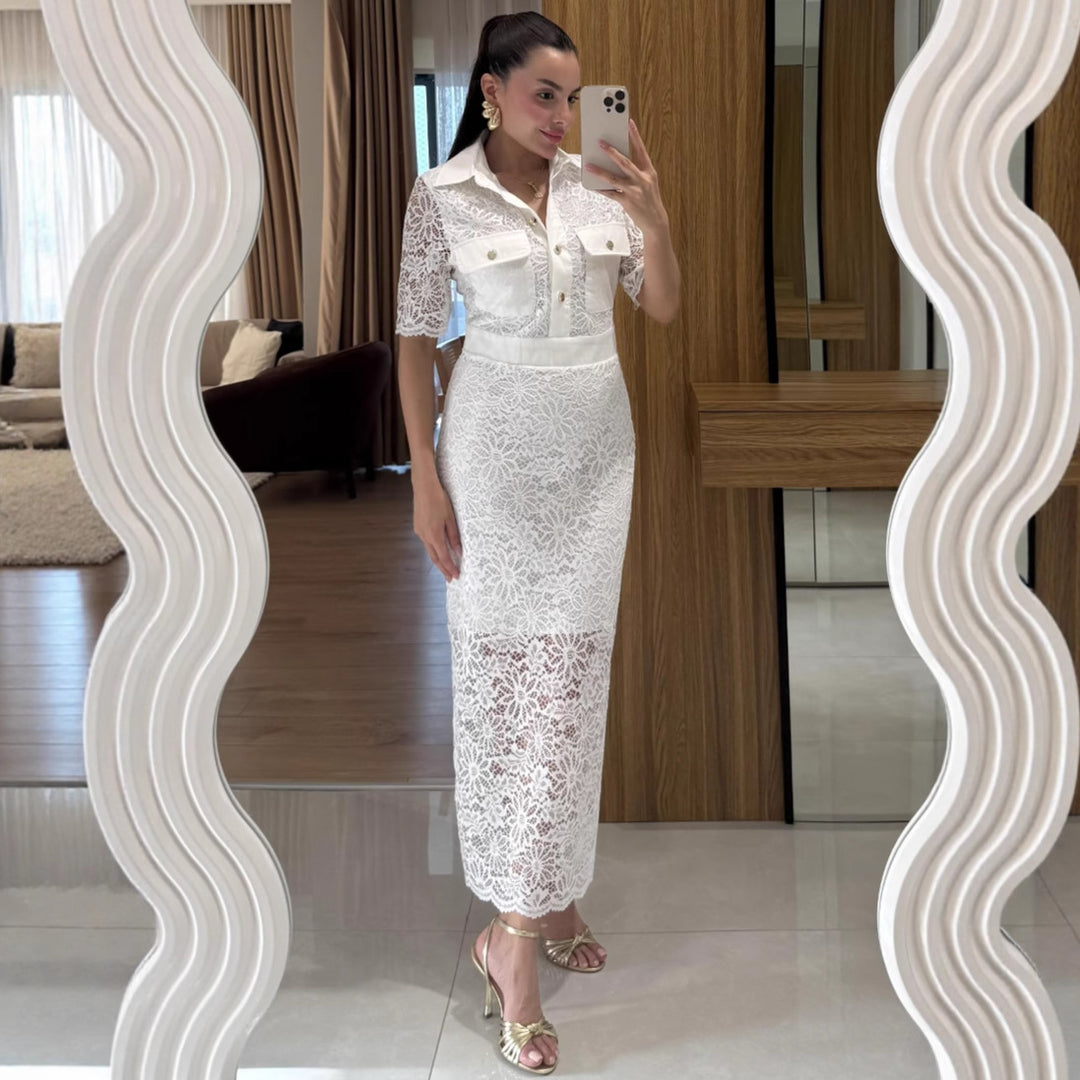 Dame Elegant Spidskjole med Krave og Kort Bluse Stilla