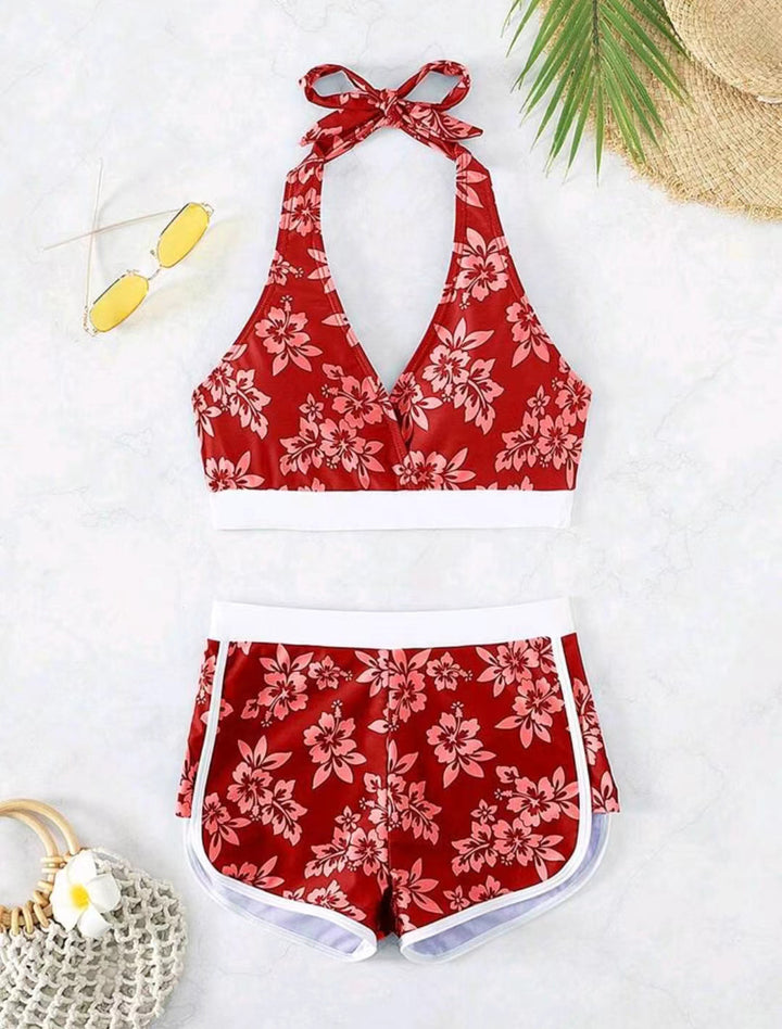 Dame Mode Bikini-sæt med blomster-halter-top og sporty shorts Stilla