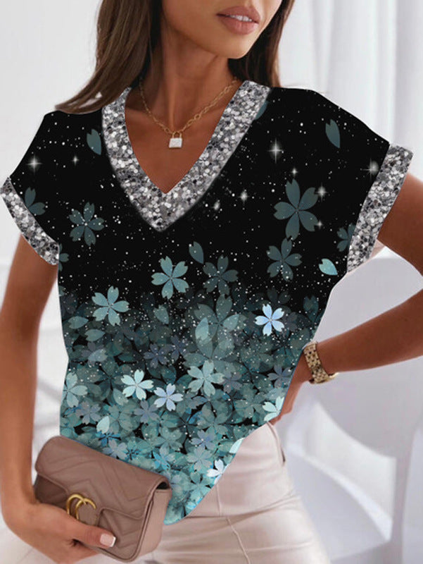 Stilla | Trendy Print V-Hals Batwing Ærme T-shirt