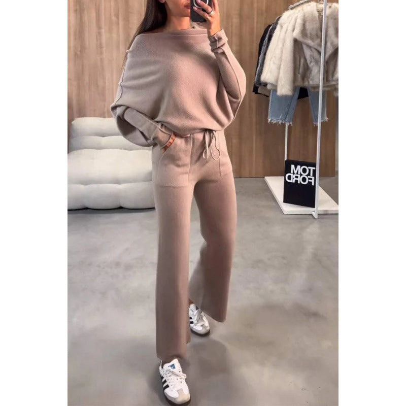 Dame afslappet strik-loungewear-sæt med bredt ben og åben skulder Stilla