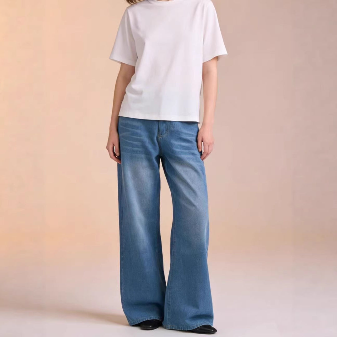 Dame bredde Denim-bukser med vintage-vask og høj talje Skovae