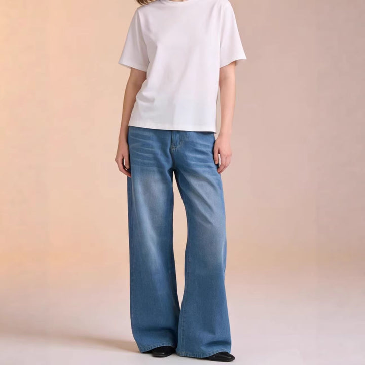 Dame bredde Denim-bukser med vintage-vask og høj talje Skovae