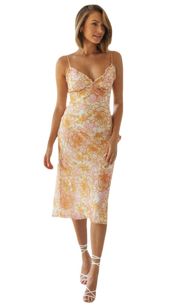 Kvinders blomster chiffon kjole med charmerende spaghetti stropper og elastisk liv Stilla