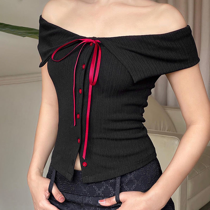 Dame Off-Shoulder Bluse med kontrastknapper og taljebånd Skovae