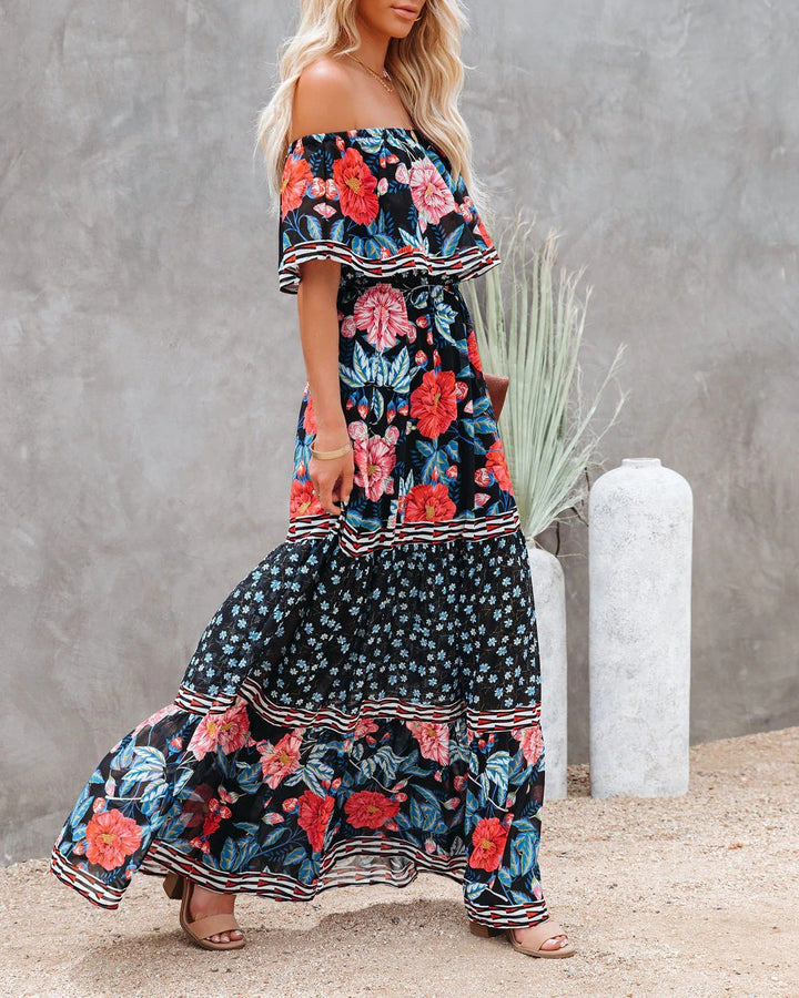 Dame Off-Shoulder Maxikjole med floral design og voluminøse ærmer Stilla