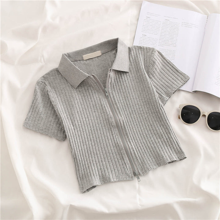 Femme Lynlås Rib-Crop-Polo-Top Stilla