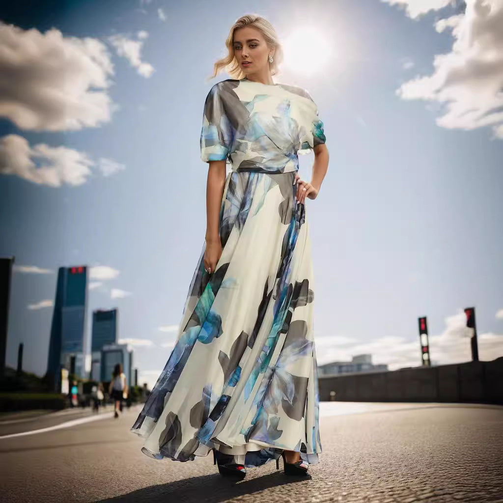 Dame maxikjole med floral chiffon og voluminous ærmer Stilla