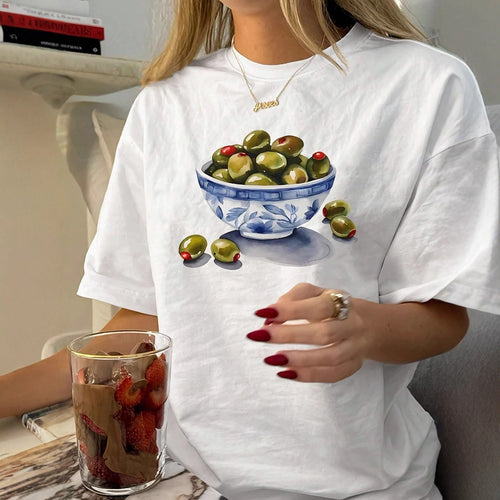 Dame T-Shirt med kreativt olivenmotiv Skovae