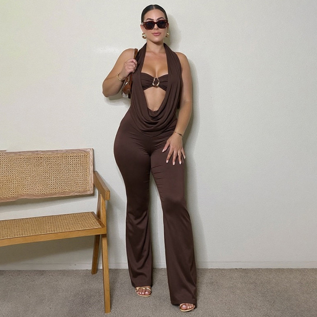 Dame Elegant jumpsuit med justerbar udskæring og smart bælte Skovae