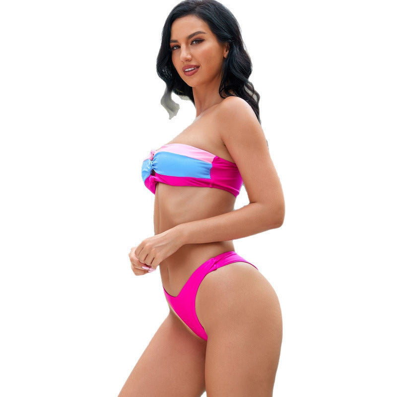 Dame Bandeau-bikini med fashionable knude og høj udskæring Skovae