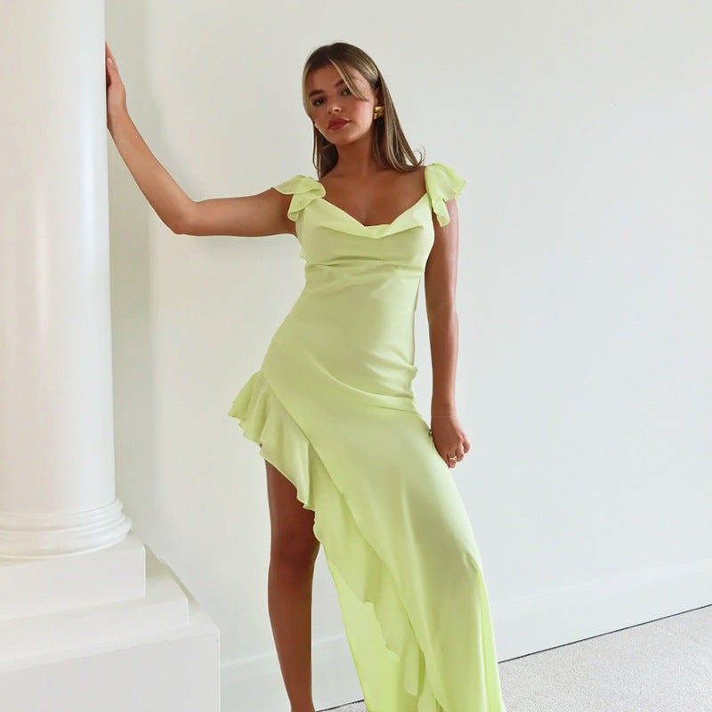 Dame Elegant Maxi-Kjole med asymmetrisk kant og flæsedetaljer Skovae