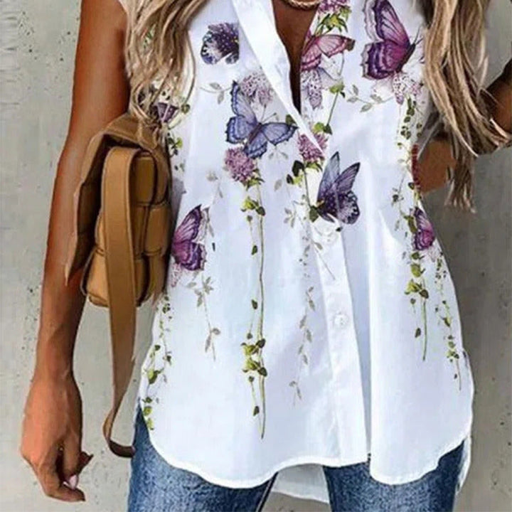 Dame kortærmet bluse med blomsterprint og knapliste Stilla
