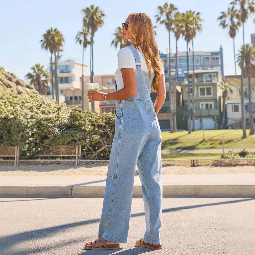 Dame løse denim jumpsuits med brede ben og praktiske lommer Skovae