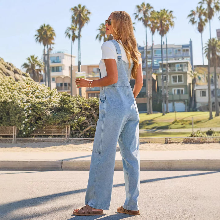 Dame løse denim jumpsuits med brede ben og praktiske lommer Skovae