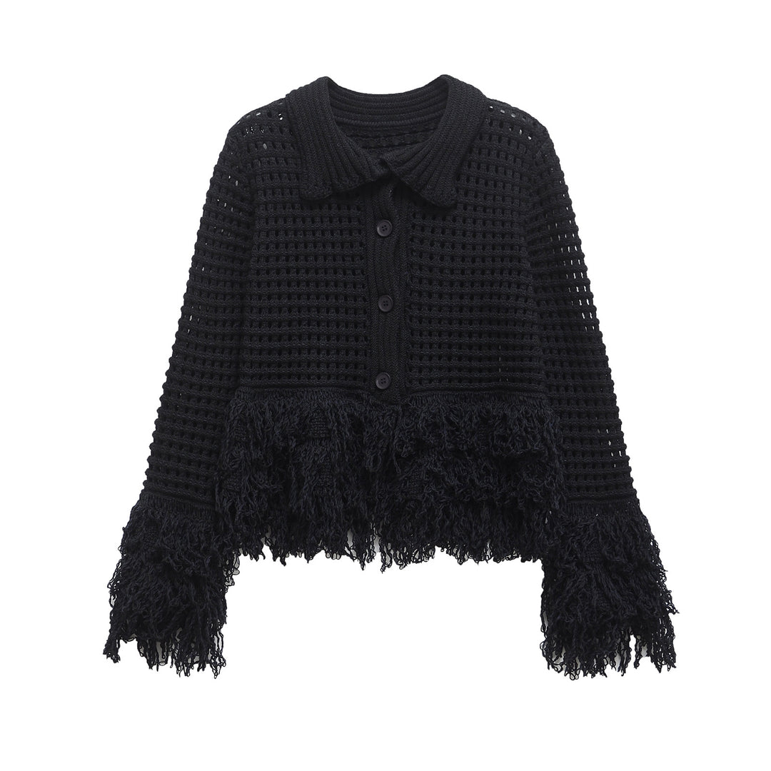 Femme kortskåret strik-cardigan med frynse-detaljer Stilla