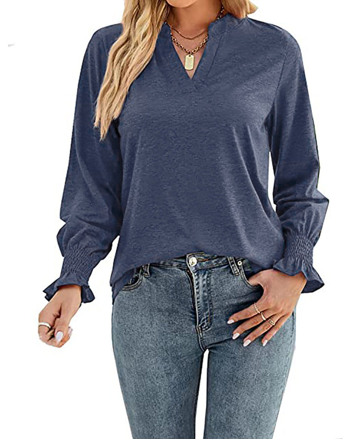 Dame V-hals bluse med elegante flæsedetaljer Stilla