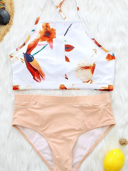 Dame Blomster Høj-Hals Bikini Sæt Stilla