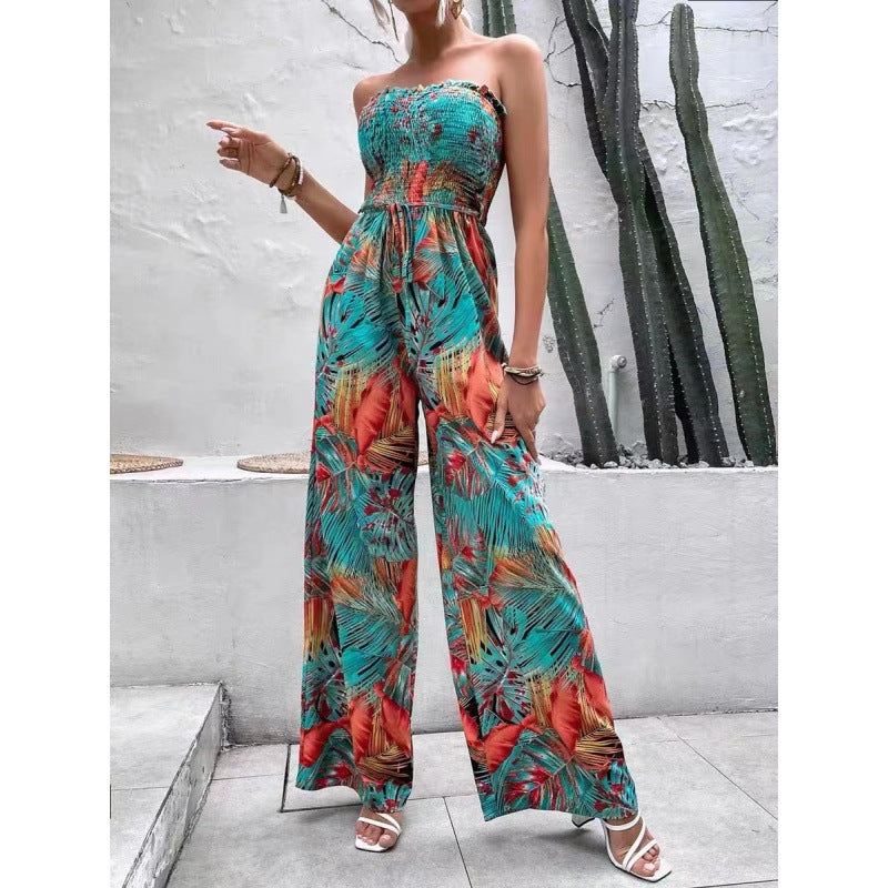 Dame Strapless Tropisk Tryk Jumpsuit Stilla