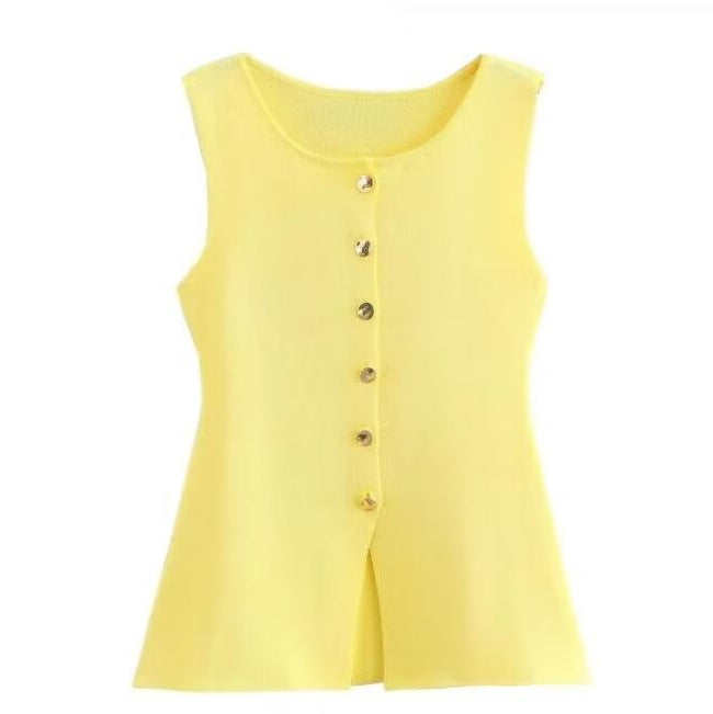 Femme Ribbet Strik Knap-Op Tank Top Stilla