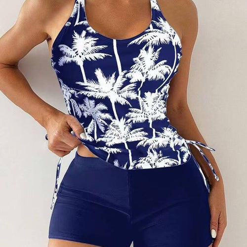 Dame Sporty Tankini med moderne palmeprint og fleksible shorts Stilla