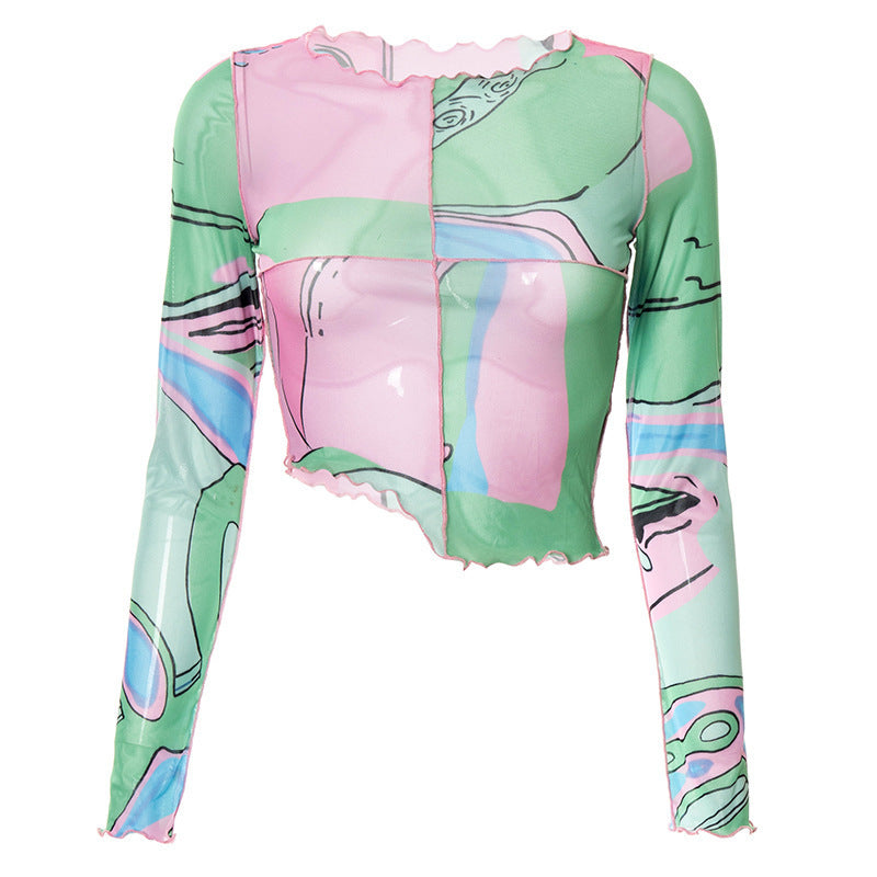 Dame Crop-top med kreative grafiske prints og figursyet snit Skovae