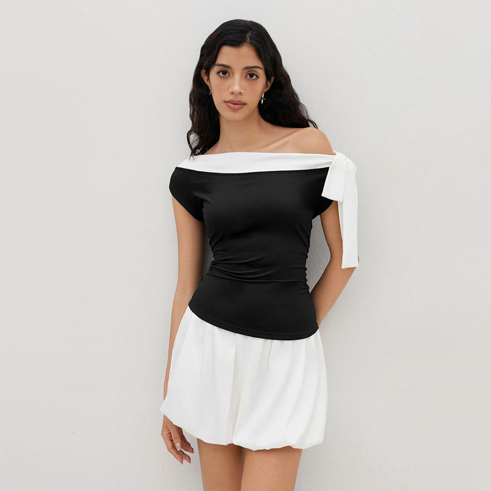 Kvindetop med off-shoulder design og legesyg sløjfe lukning Stilla