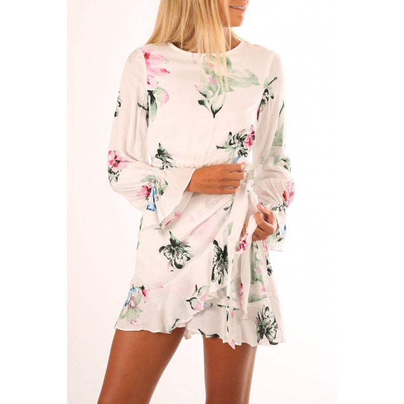 Dame Floral Print Mini Wrap Kjole med Flare ærmer Stilla
