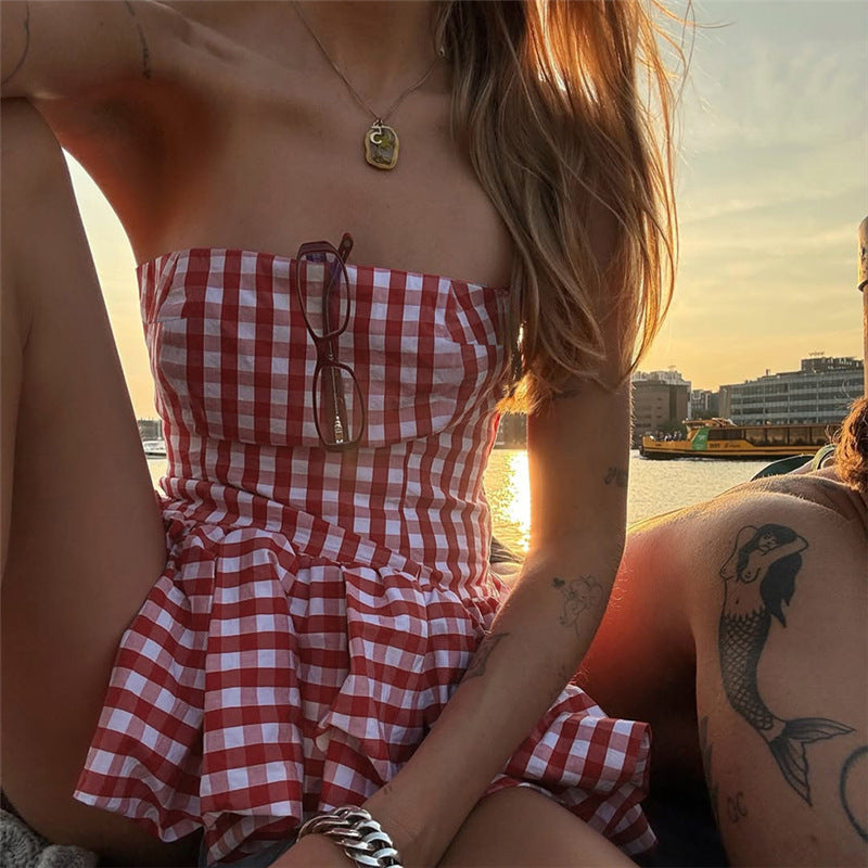 Dame Sommer Bandeau-kjole med voluminøs kant og ternet mønster Stilla
