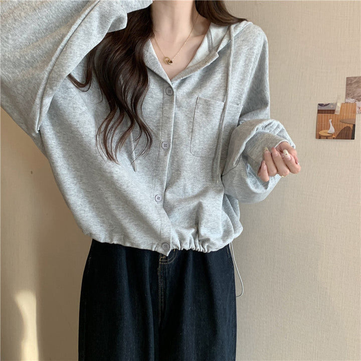 Femme Fritid Knap-Op Hoodie med justerbar Snor Stilla